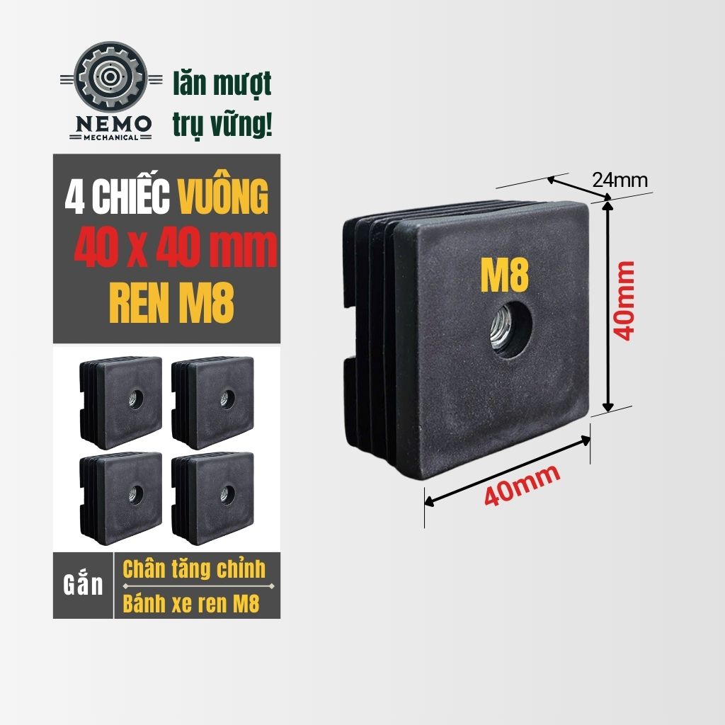 Nắp Chụp Thép Hộp Có Ren – Giải Pháp Lắp Chân Tăng Chỉnh & Bánh Xe Không Cần Hàn (M6, M8, M10)